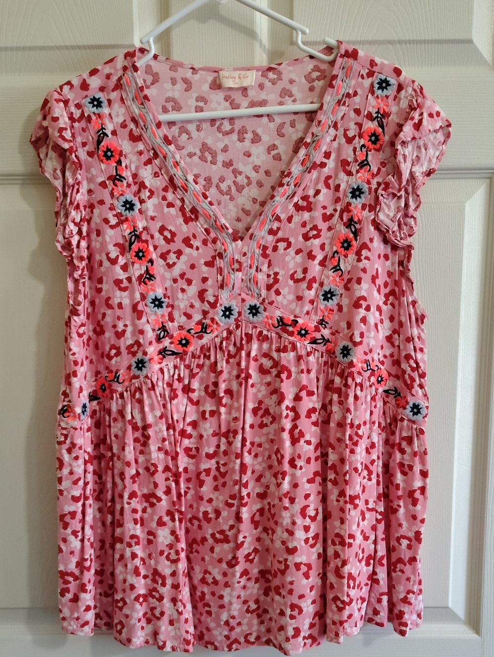 Pink Floral Embroidered V-Neck Women's Top